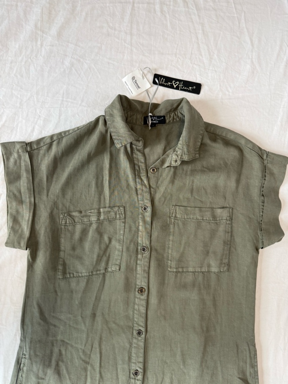 Velvet Heart Tencel Olive Button Front Shirt Dress Short Sleeve Size Small - Picture 2 of 7